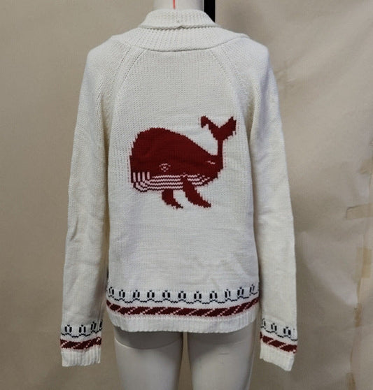 Women's Oversized Knitted Cardigan with Whale Motif and Nautical Contrast Trim