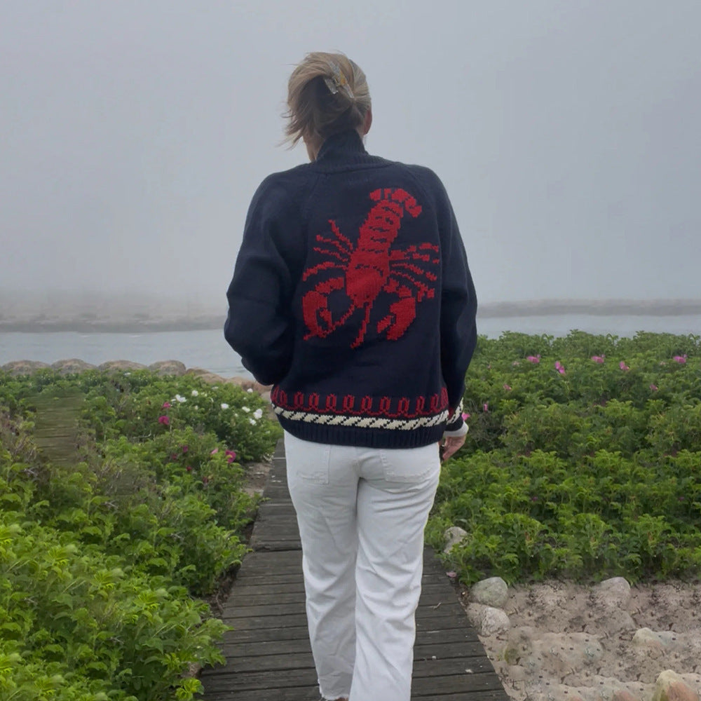 Women's Oversized Knitted Cardigan with Whale Motif and Nautical Contrast Trim