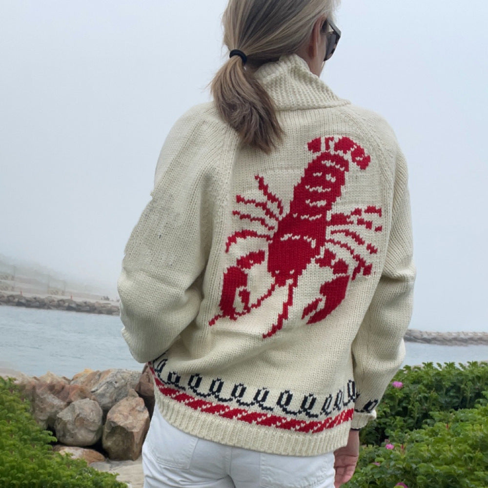 Women's Oversized Knitted Cardigan with Whale Motif and Nautical Contrast Trim
