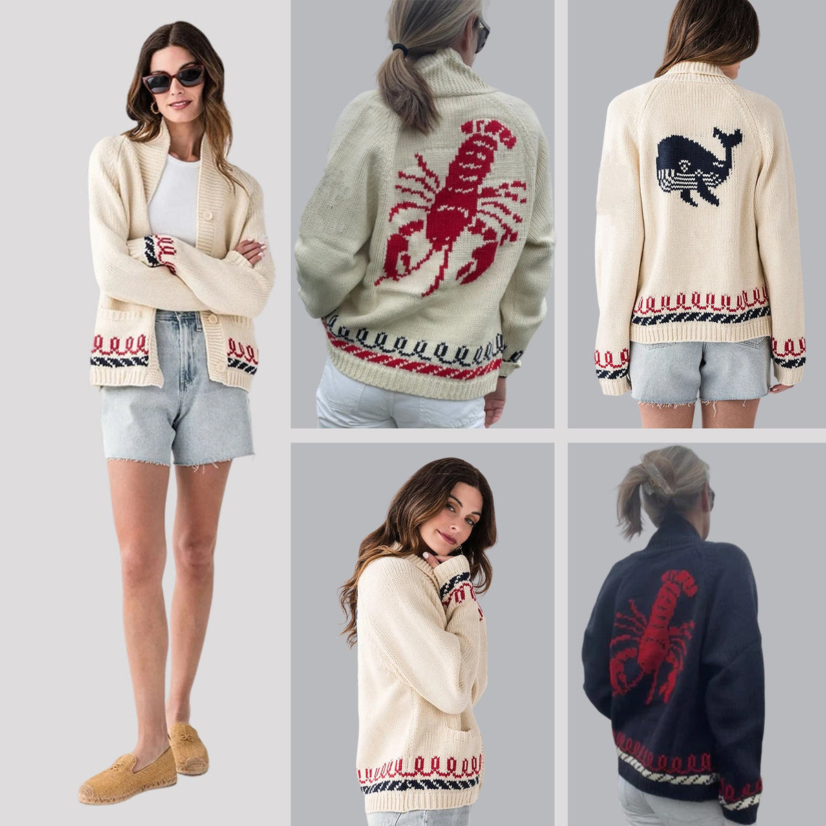 Women's Oversized Knitted Cardigan with Whale Motif and Nautical Contrast Trim