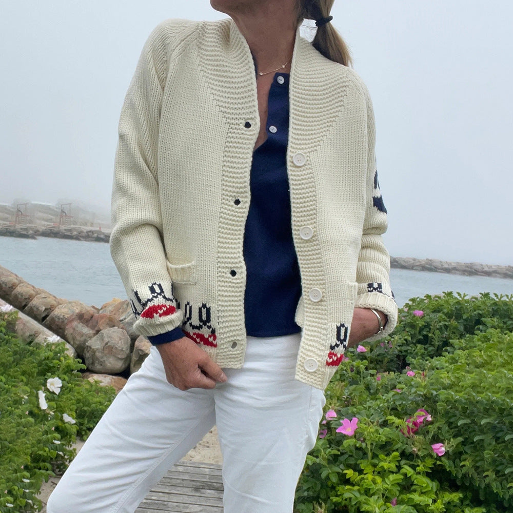 Women's Oversized Knitted Cardigan with Whale Motif and Nautical Contrast Trim