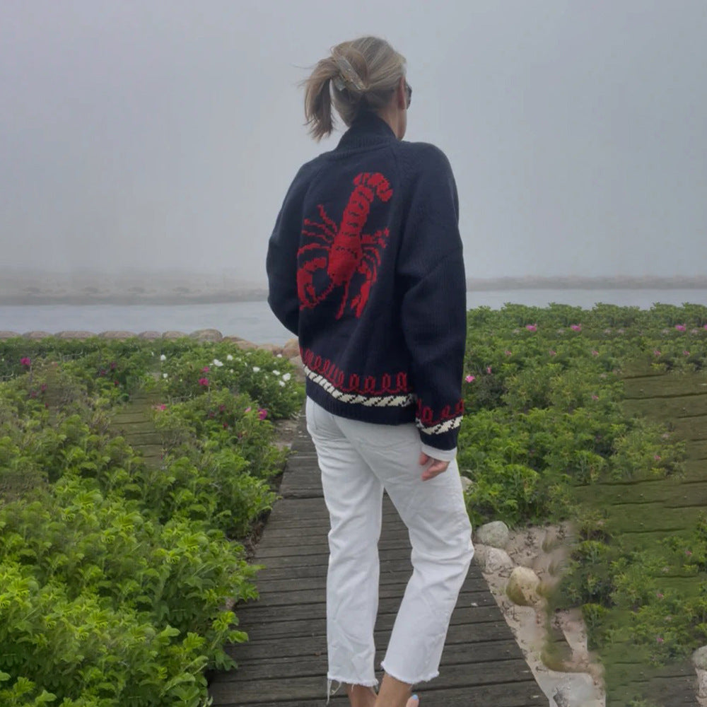 Women's Oversized Knitted Cardigan with Whale Motif and Nautical Contrast Trim