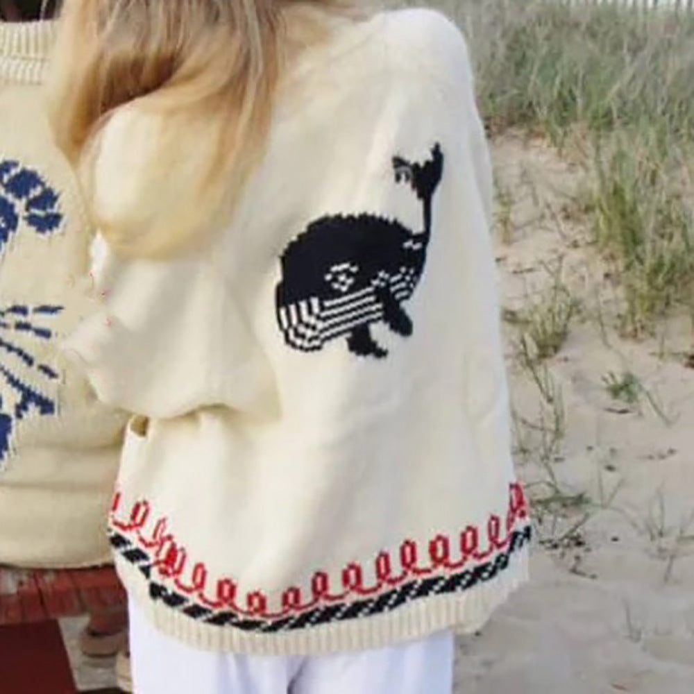 Women's Oversized Knitted Cardigan with Whale Motif and Nautical Contrast Trim