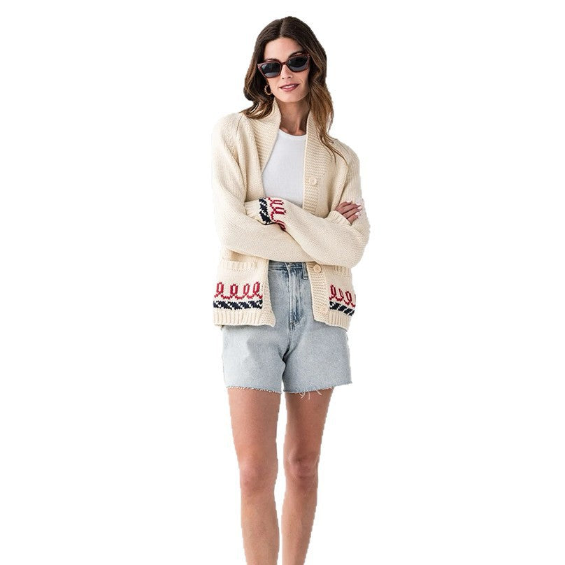Women's Oversized Knitted Cardigan with Whale Motif and Nautical Contrast Trim