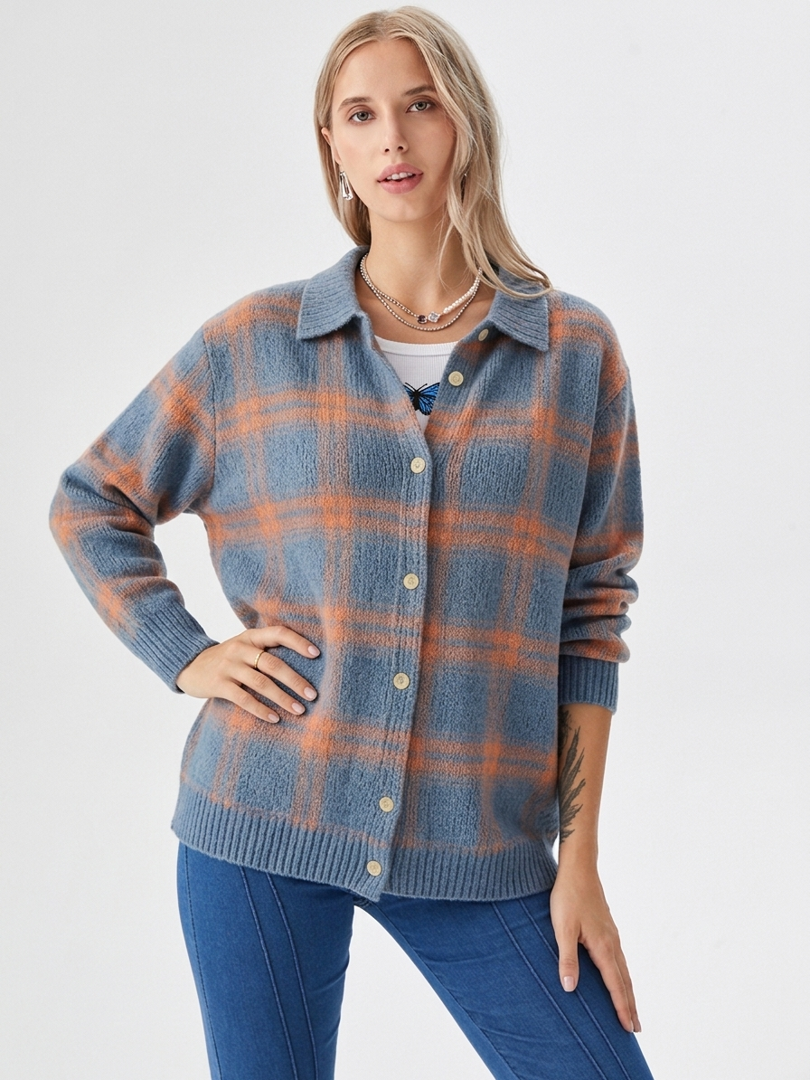Women's Oversized Plaid Button-Front Cardigan for Fall and Winter