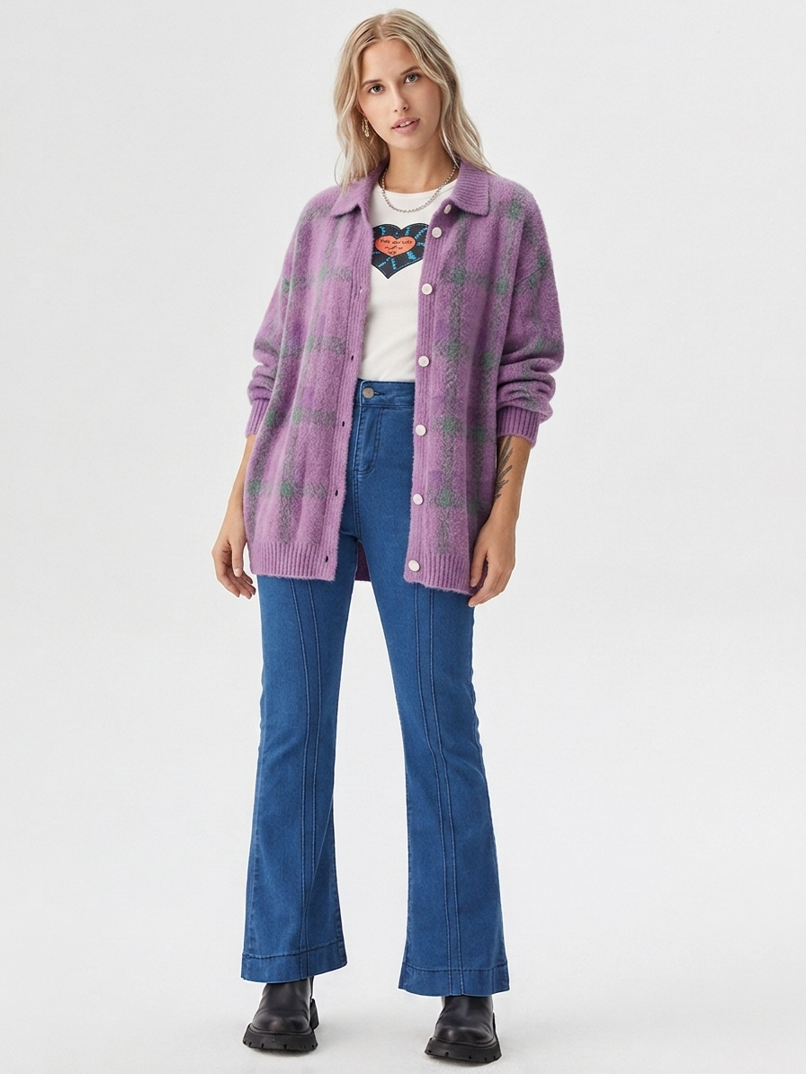 Women's Oversized Plaid Button-Front Cardigan for Fall and Winter