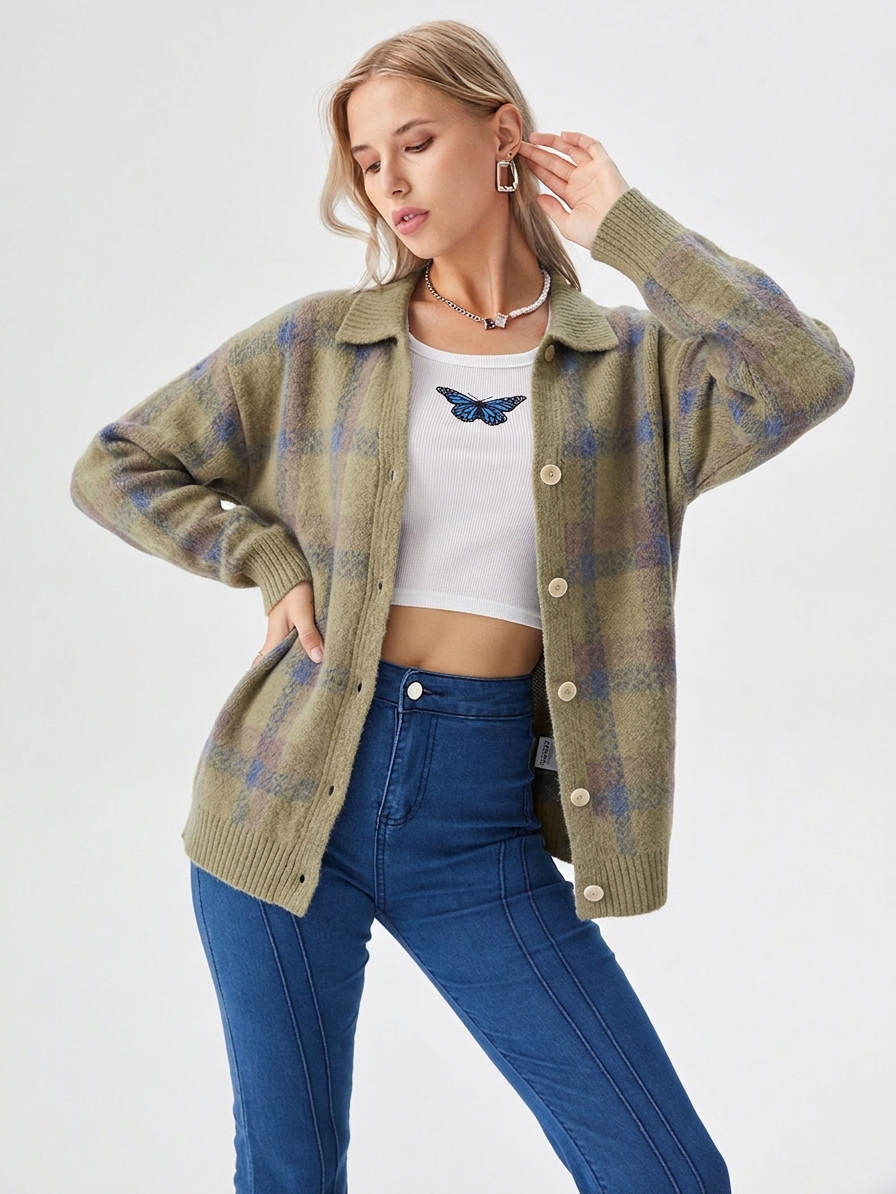 Women's Oversized Plaid Button-Front Cardigan for Fall and Winter