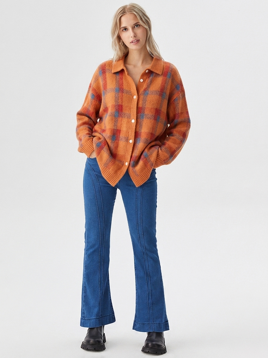 Women's Oversized Plaid Button-Front Cardigan for Fall and Winter