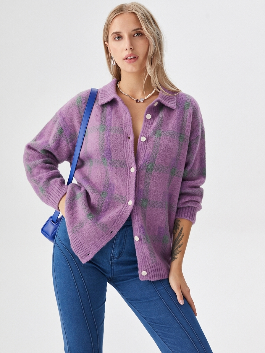 Women's Oversized Plaid Button-Front Cardigan for Fall and Winter