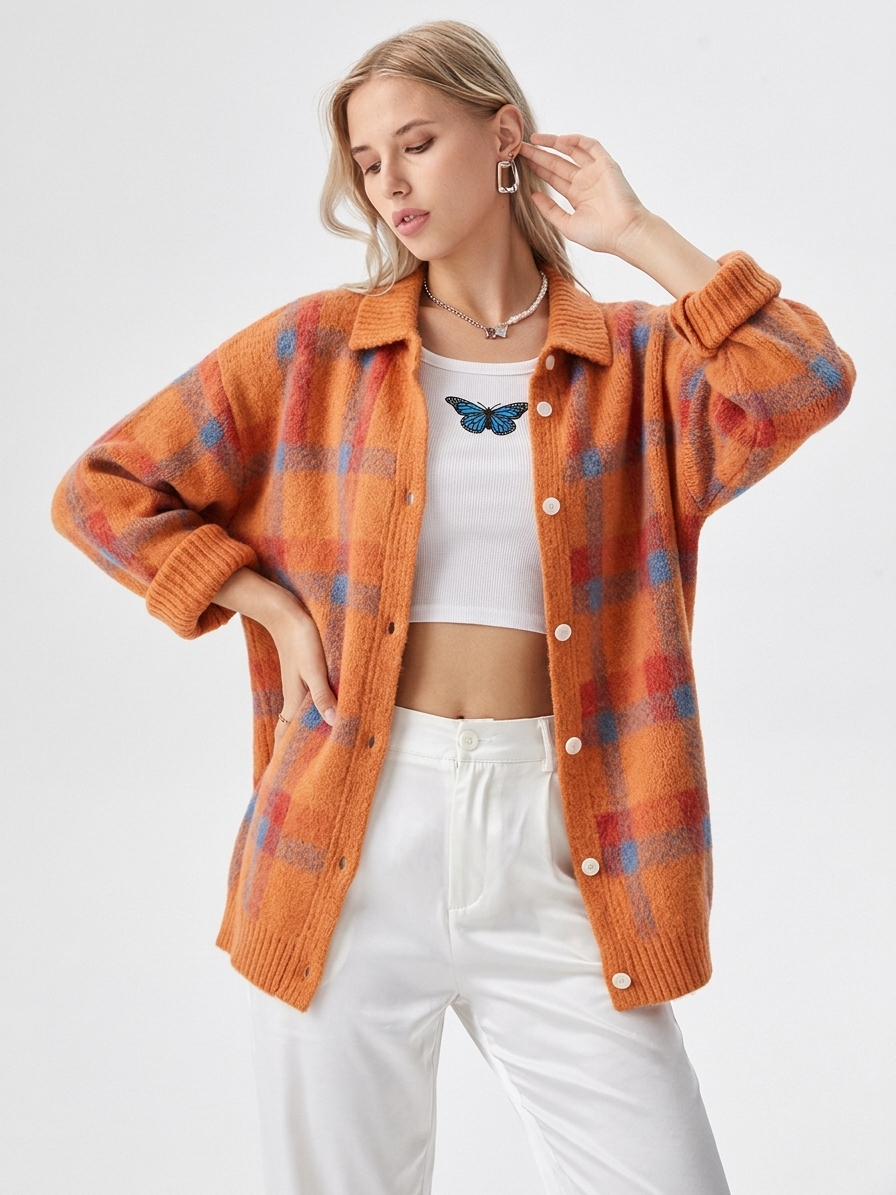 Women's Oversized Plaid Button-Front Cardigan for Fall and Winter
