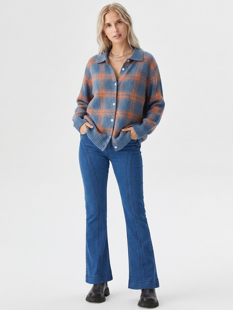 Women's Oversized Plaid Button-Front Cardigan for Fall and Winter