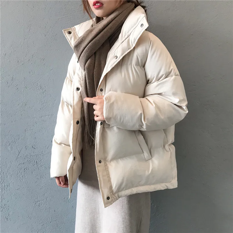 Women's Oversized Quilted Parka Jacket with High Collar and Snap Button Closure