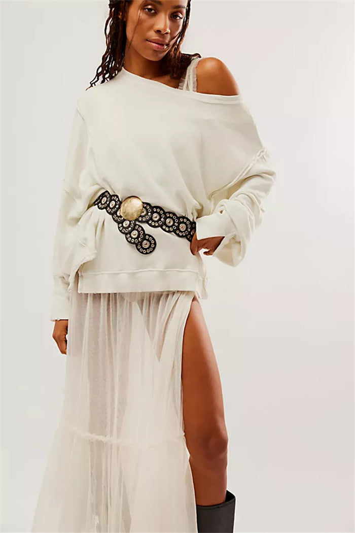 Women's Oversized Sweatshirt with Balloon Sleeves, Exposed Seams, and Side Slits