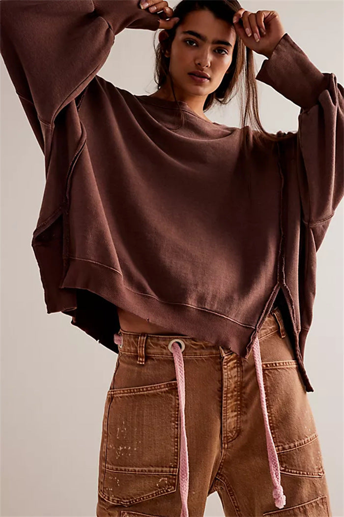 Women's Oversized Sweatshirt with Balloon Sleeves, Exposed Seams, and Side Slits
