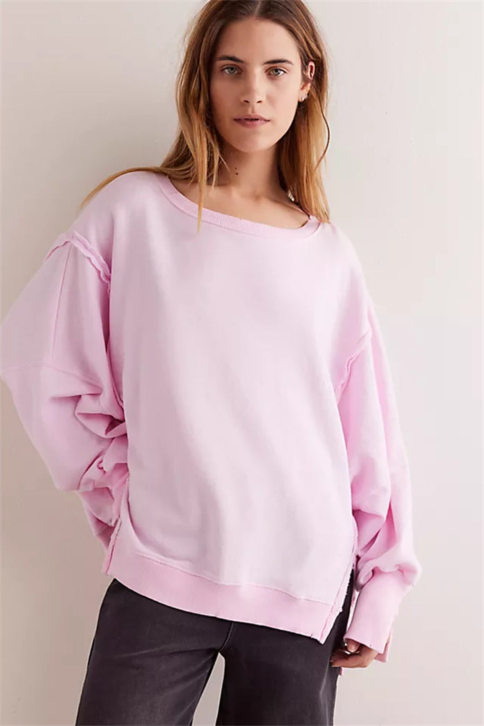 Women's Oversized Sweatshirt with Balloon Sleeves, Exposed Seams, and Side Slits
