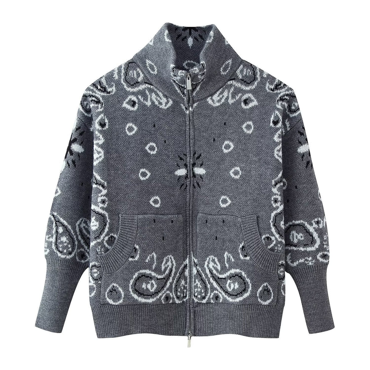 Women's Patterned Zip-Up Cardigan with Stand Collar and Pockets