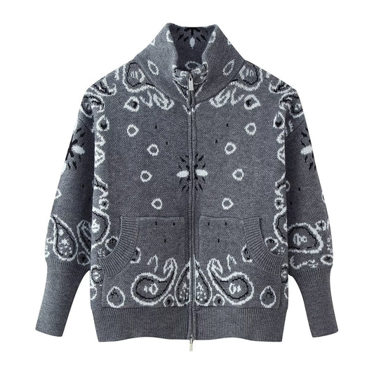 Women's Patterned Zip-Up Cardigan with Stand Collar and Pockets