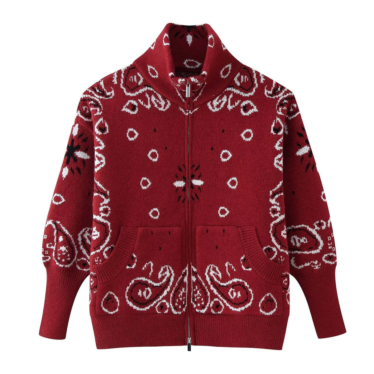 Women's Patterned Zip-Up Cardigan with Stand Collar and Pockets