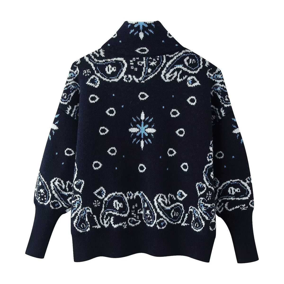 Women's Patterned Zip-Up Cardigan with Stand Collar and Pockets