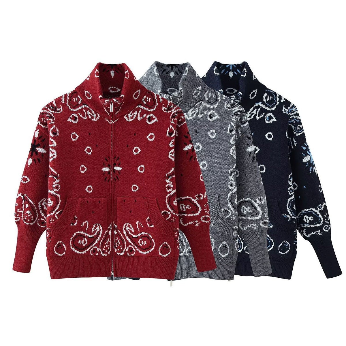 Women's Patterned Zip-Up Cardigan with Stand Collar and Pockets