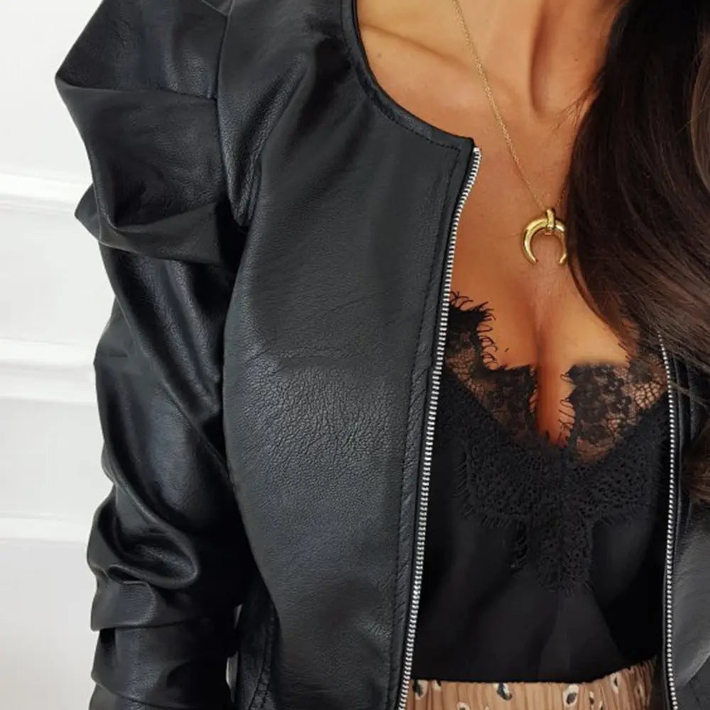 Women's Puff Sleeve Leather Jacket with Structured Fit