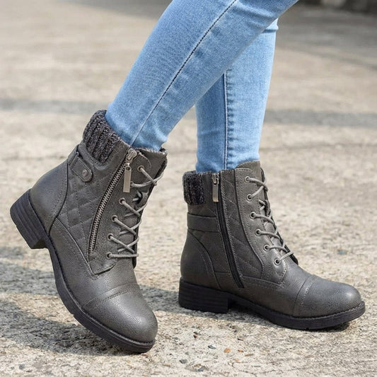 Women's Quilted Faux Leather Lace-Up Side Zip Ankle Boots