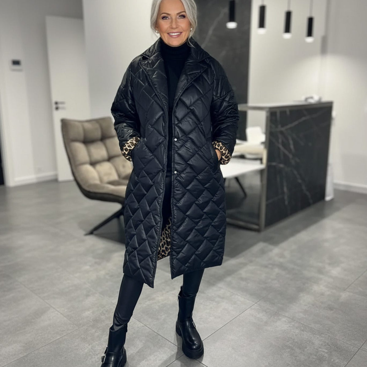 Women's Quilted Reversible Midi Puffer Coat with Leopard Print Lining