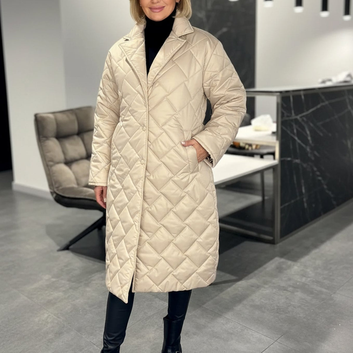 Women's Quilted Reversible Midi Puffer Coat with Leopard Print Lining