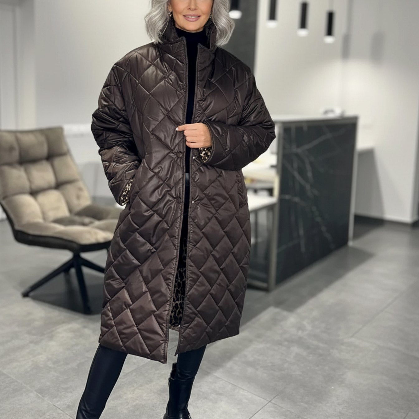 Women's Quilted Reversible Midi Puffer Coat with Leopard Print Lining