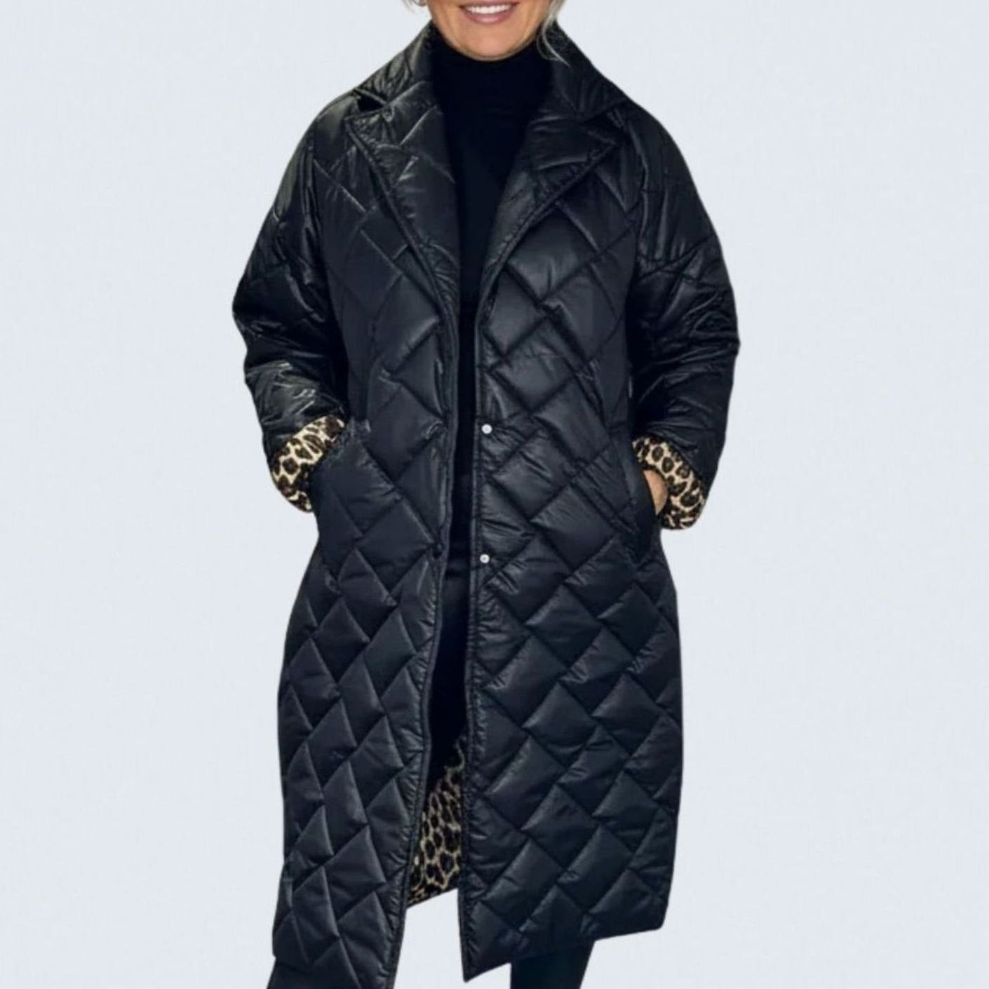 Women's Quilted Reversible Midi Puffer Coat with Leopard Print Lining