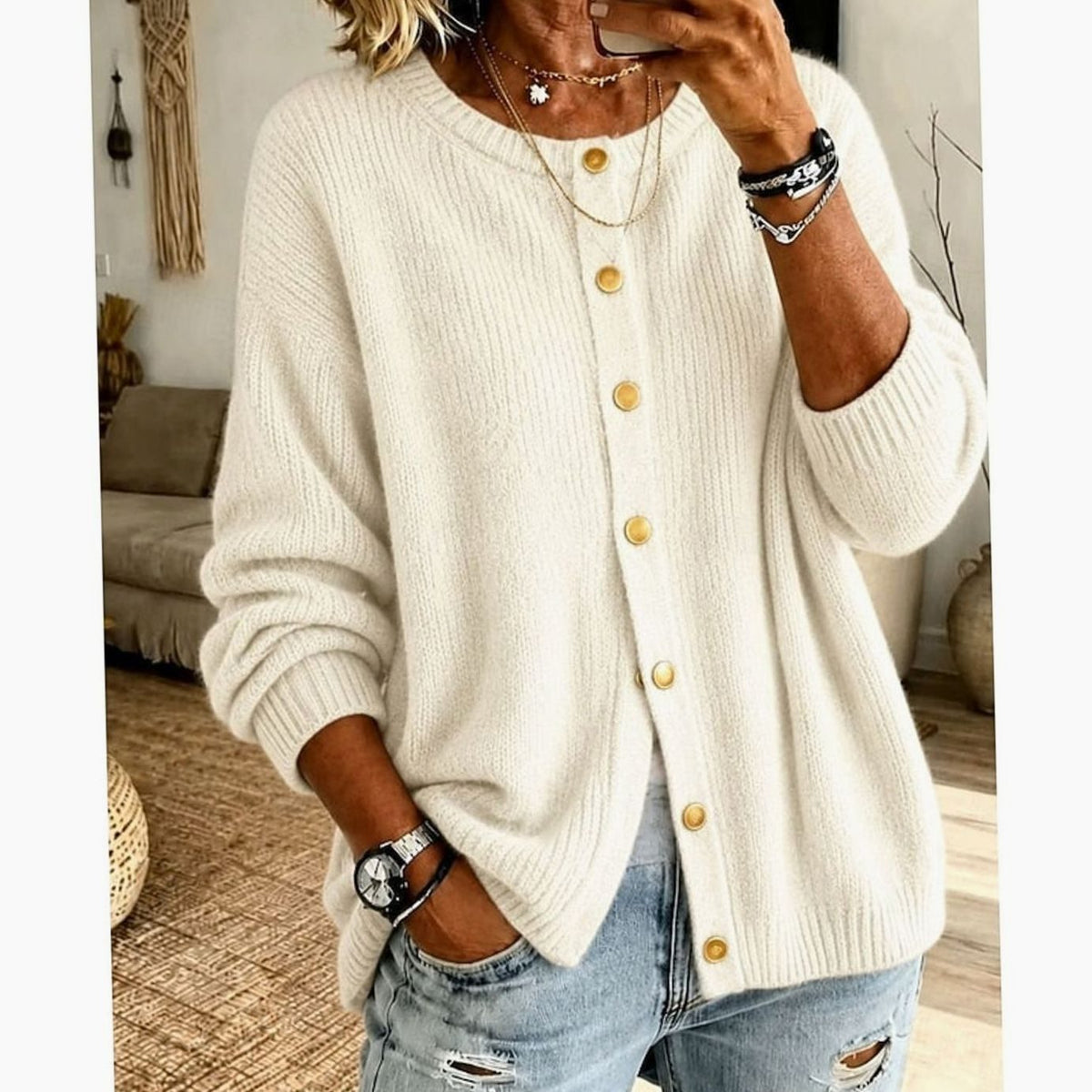 Women's Relaxed-Fit Button-Front Crew Neck Knit Cardigan