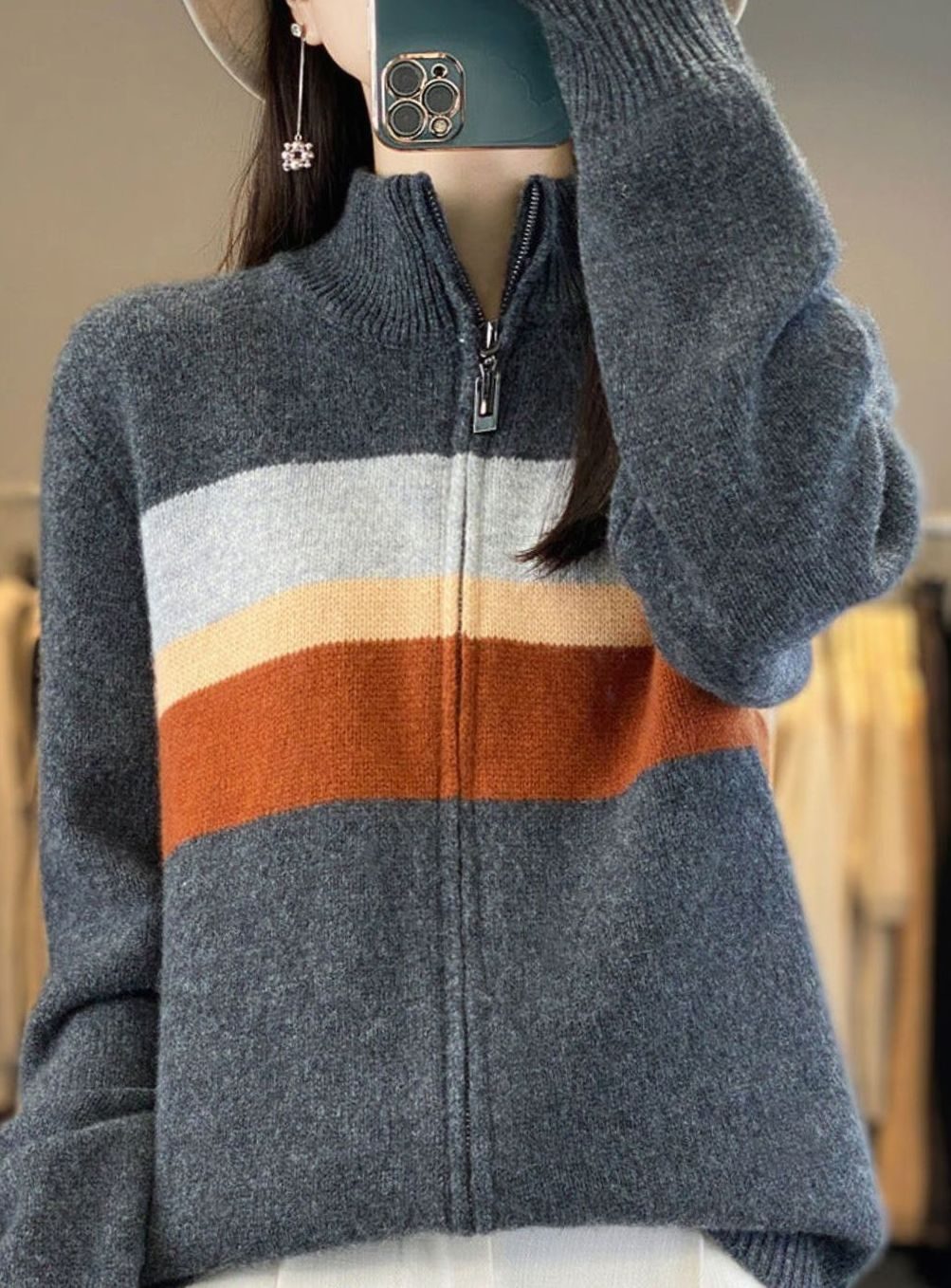Women's Relaxed-Fit Striped Full-Zip Knit Cardigan