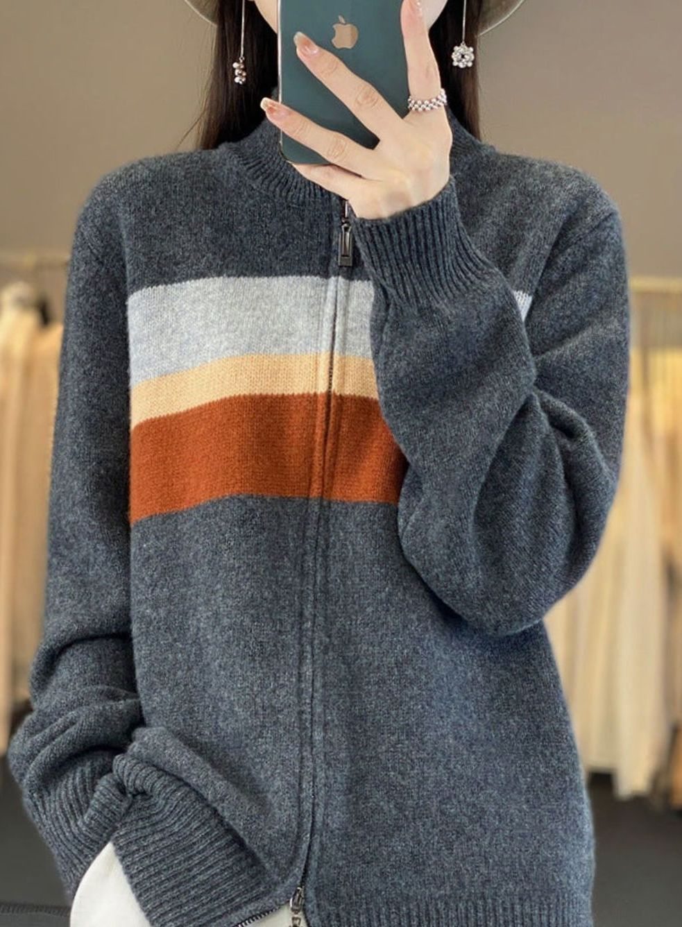 Women's Relaxed-Fit Striped Full-Zip Knit Cardigan