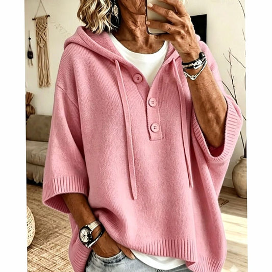 Women's Relaxed Half-Button Hooded Knit Sweater with 3/4 Sleeves