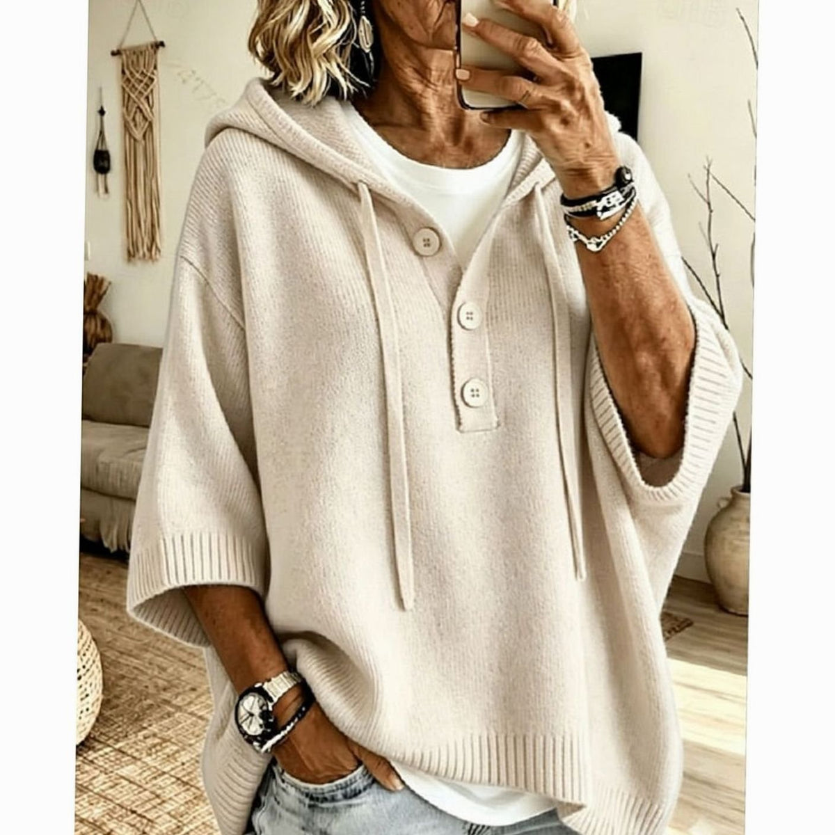 Women's Relaxed Half-Button Hooded Knit Sweater with 3/4 Sleeves