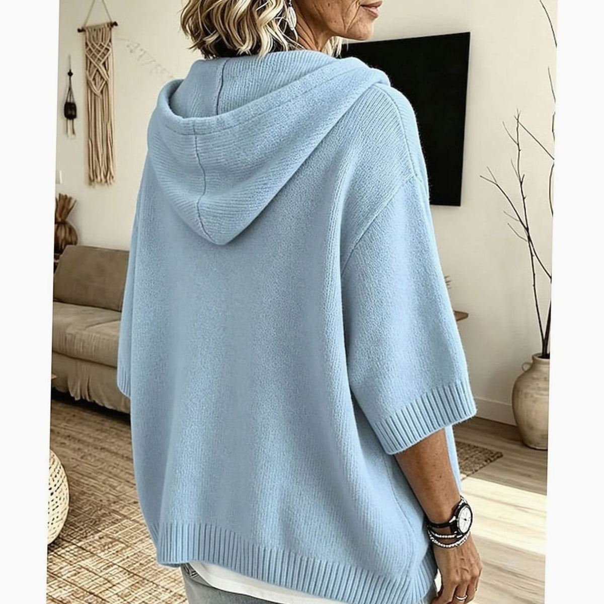 Women's Relaxed Half-Button Hooded Knit Sweater with 3/4 Sleeves
