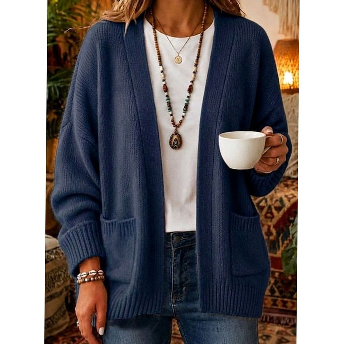 Women's Relaxed Open-Front Knit Cardigan Sweater with Pockets
