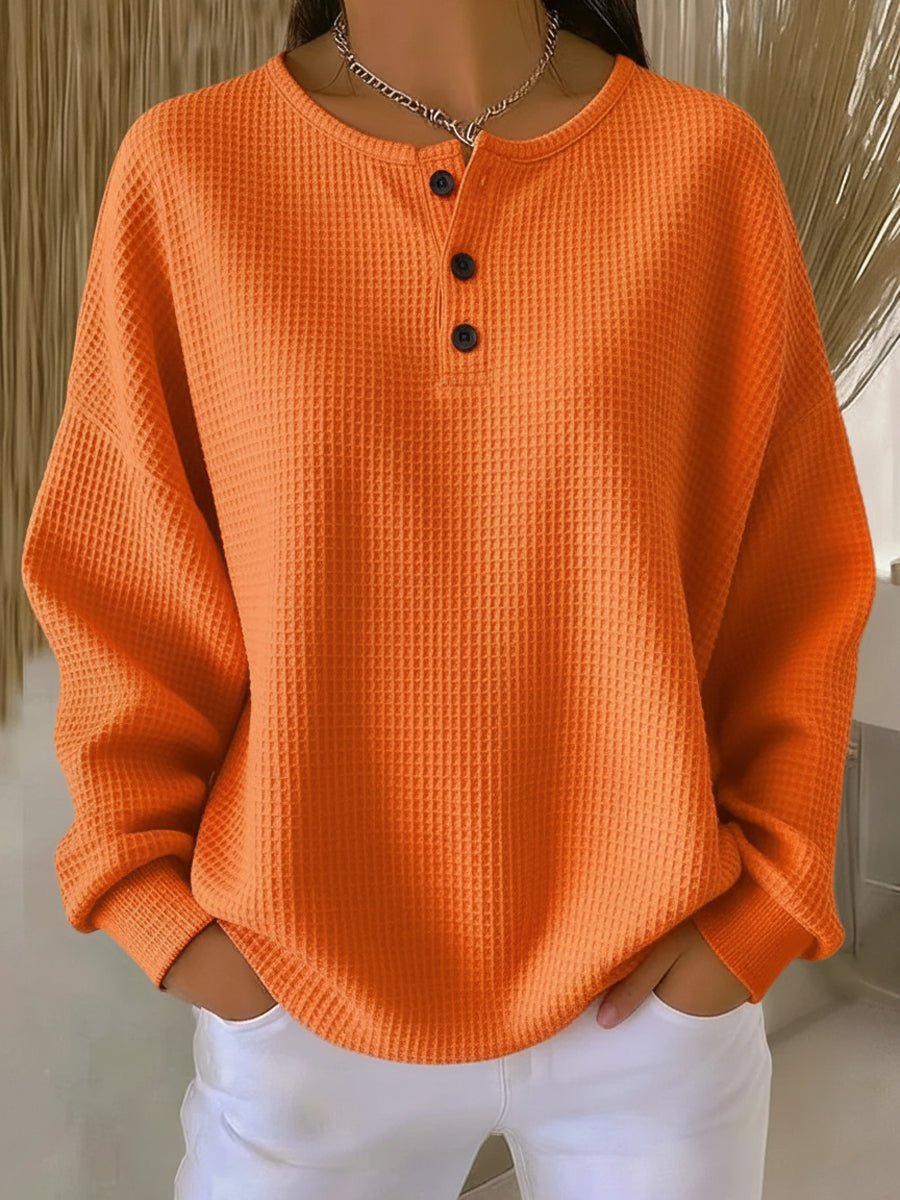 Women's Relaxed Waffle Knit Henley Pullover Sweater