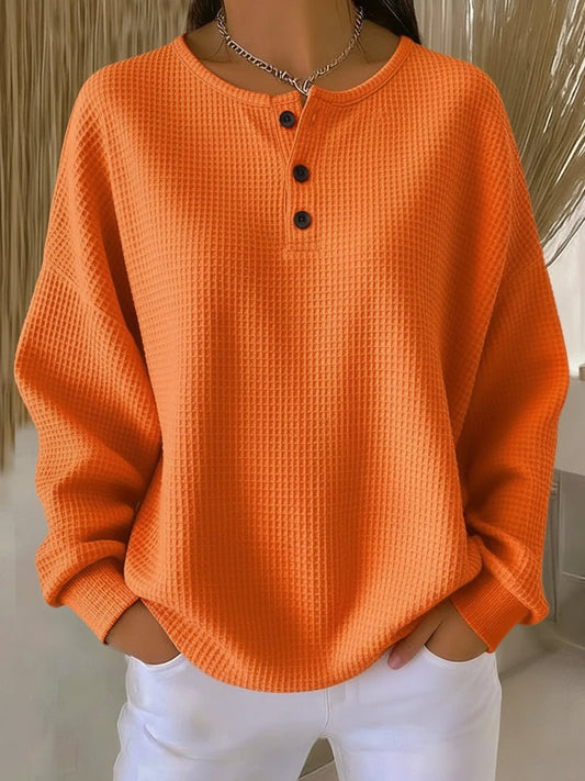 Women's Relaxed Waffle Knit Henley Pullover Sweater
