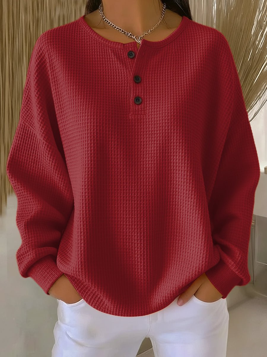 Women's Relaxed Waffle Knit Henley Pullover Sweater