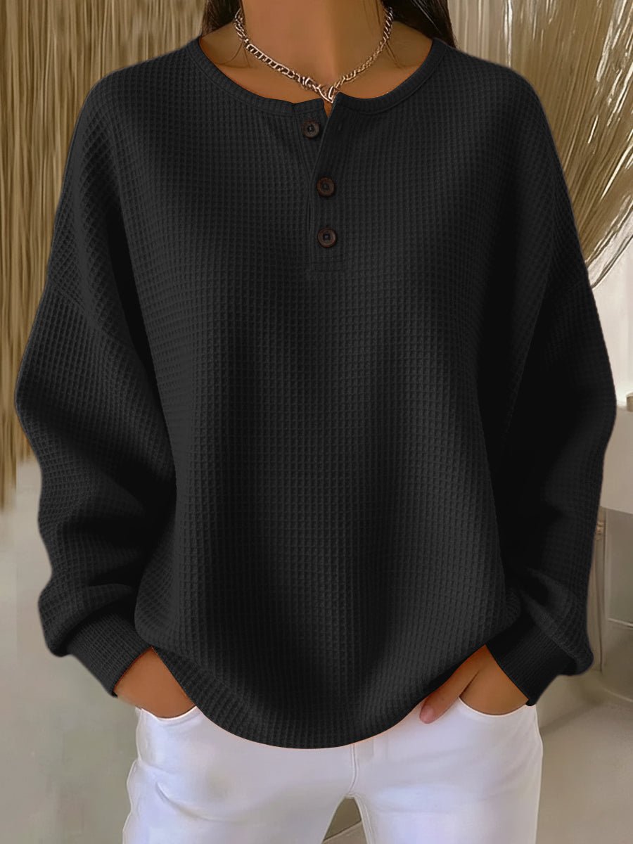 Women's Relaxed Waffle Knit Henley Pullover Sweater