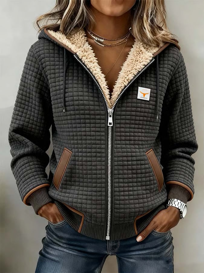 Women's Retro Warm Outdoor Jacket with Check Pattern and Double Collar