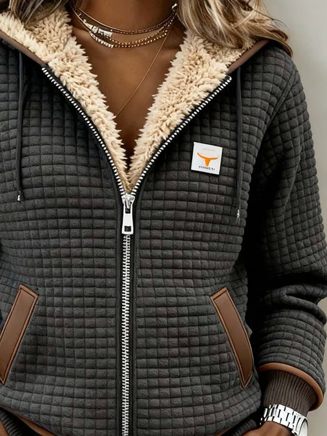 Women's Retro Warm Outdoor Jacket with Check Pattern and Double Collar