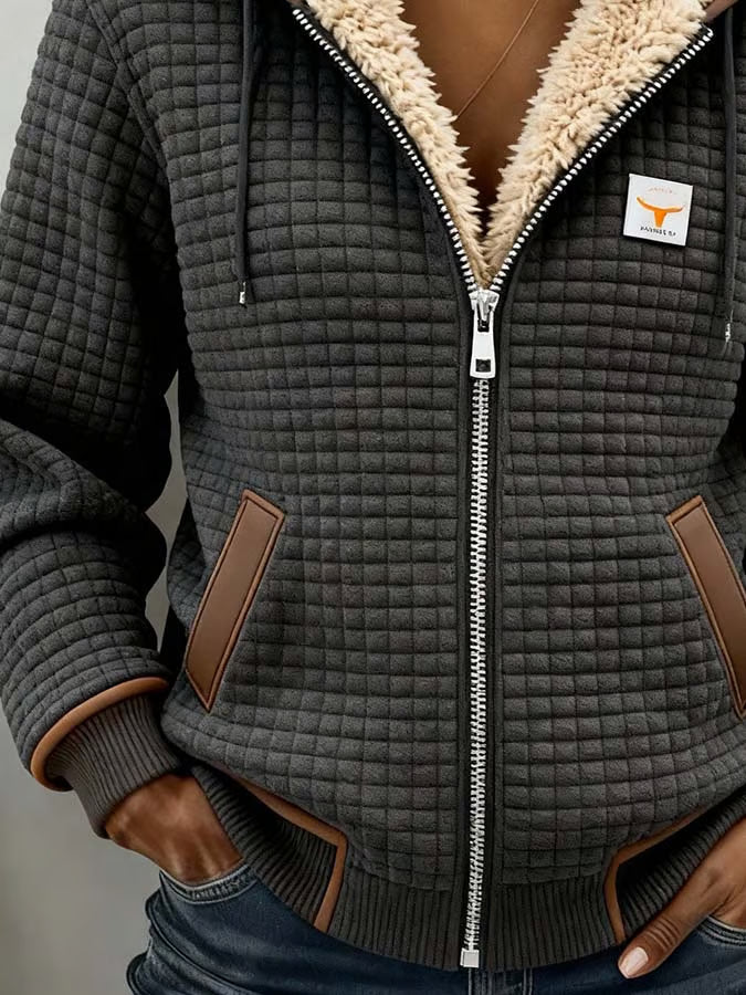 Women's Retro Warm Outdoor Jacket with Check Pattern and Double Collar