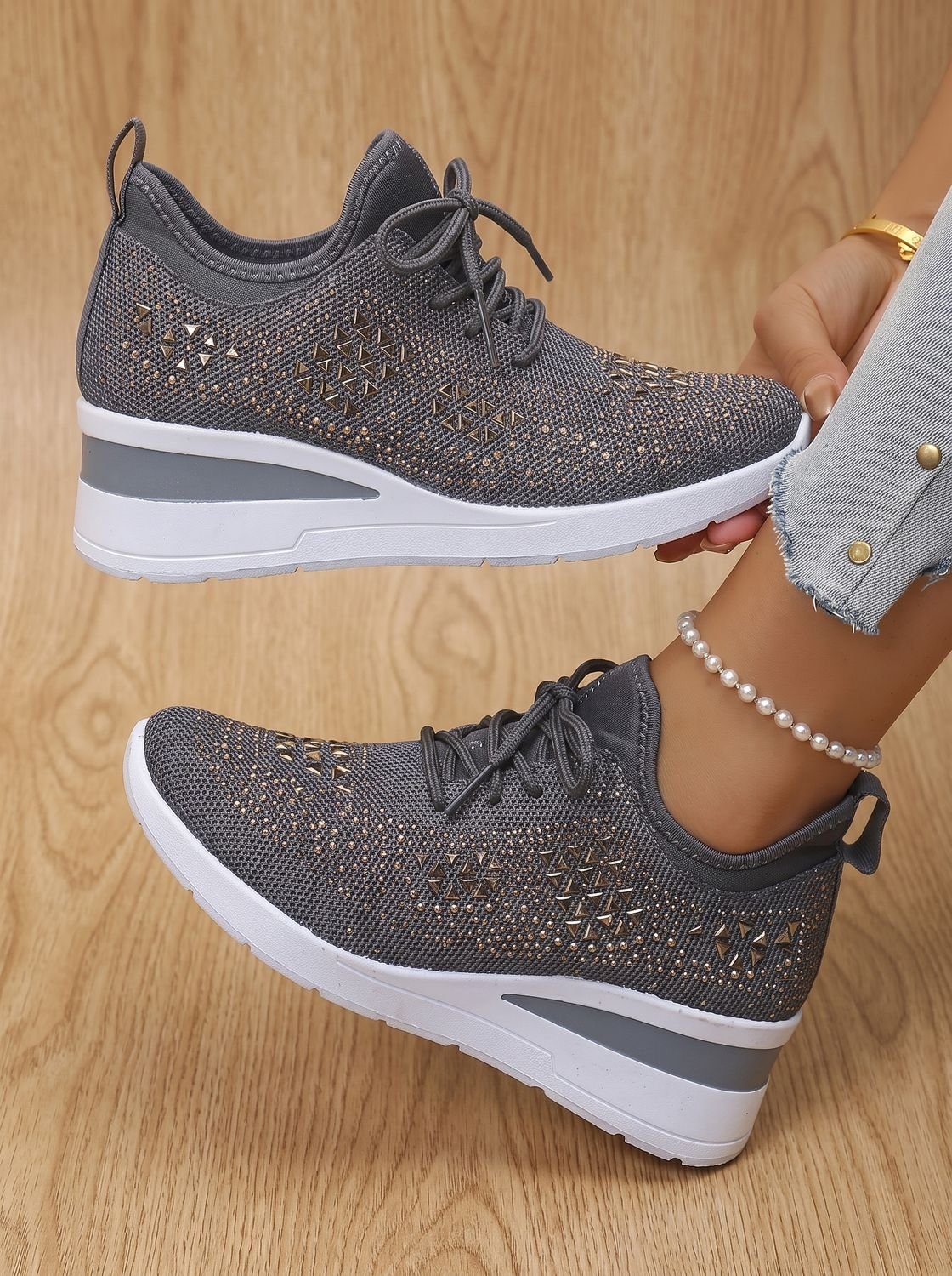 Women's Rhinestone Knit Wedge Lace-Up Orthopedic Sneakers