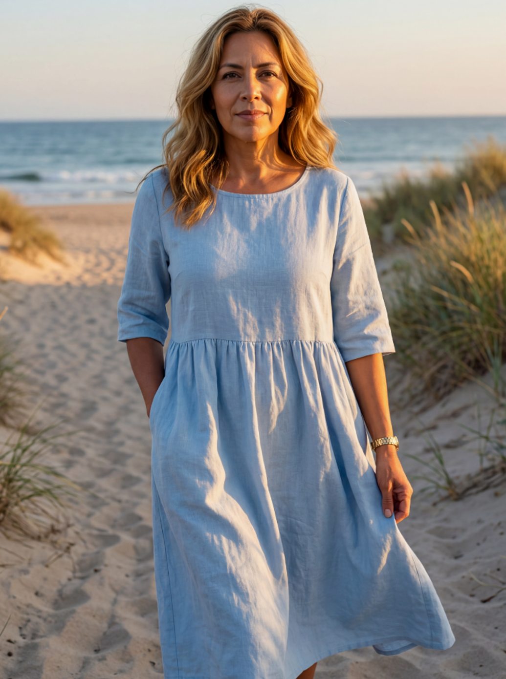 Women's Round Neck Half Sleeve Linen Midi Dress