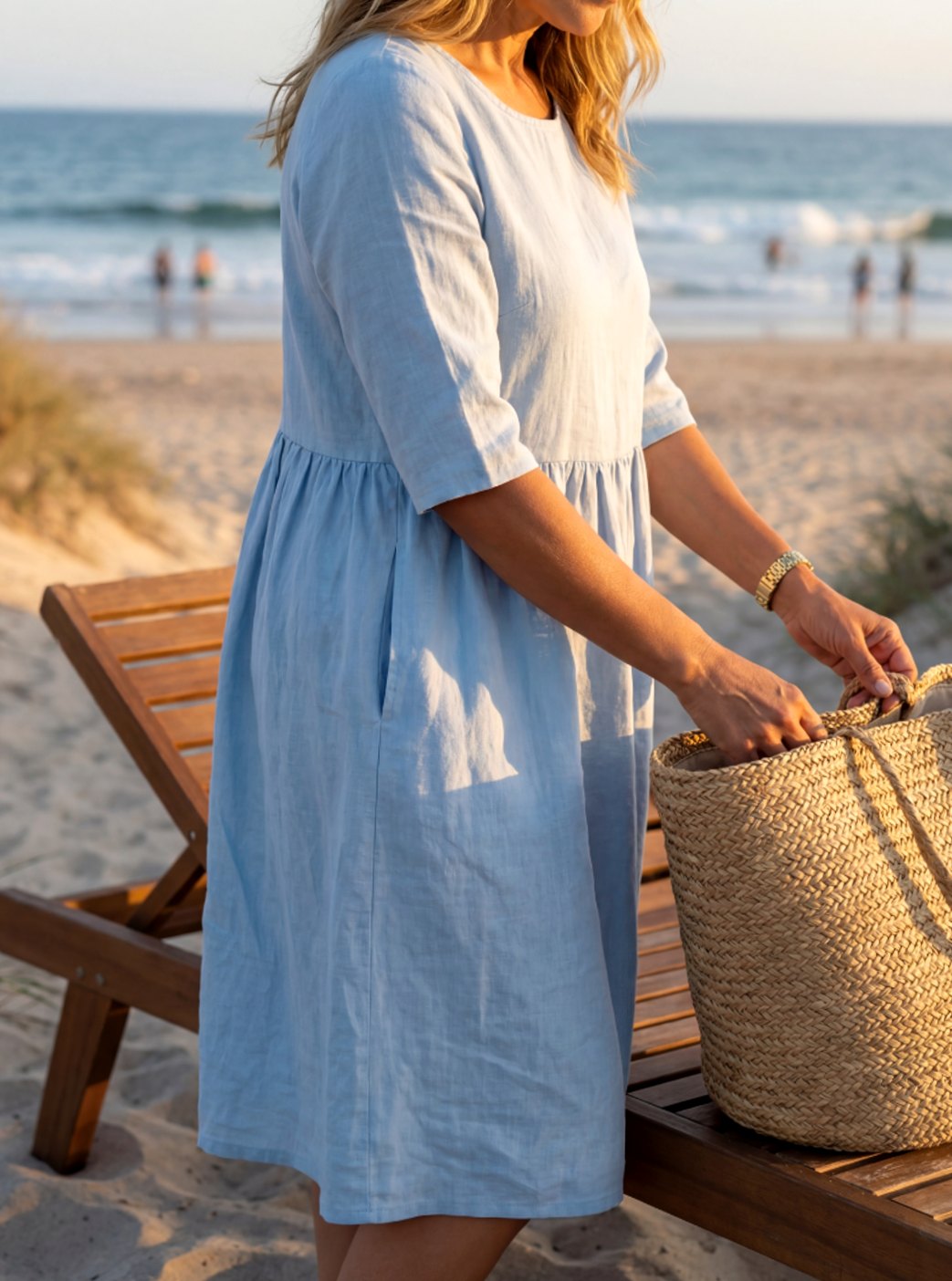 Women's Round Neck Half Sleeve Linen Midi Dress