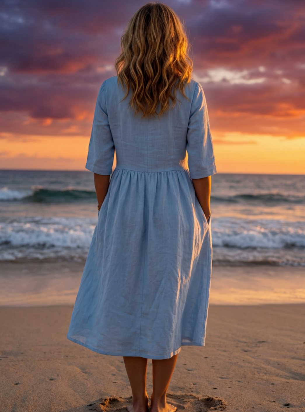 Women's Round Neck Half Sleeve Linen Midi Dress