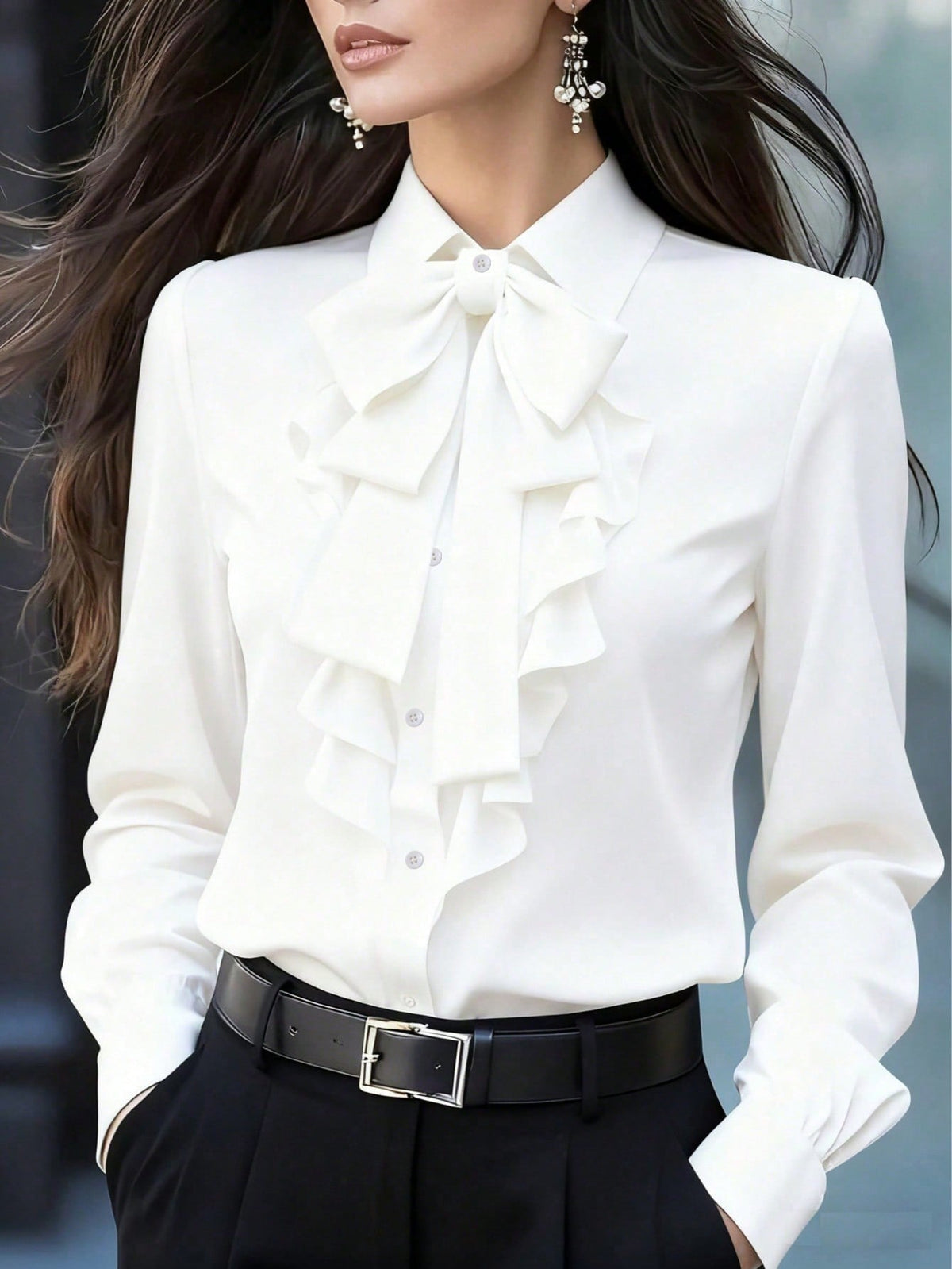 Women's Ruffle-Front Blouse with Bow Collar