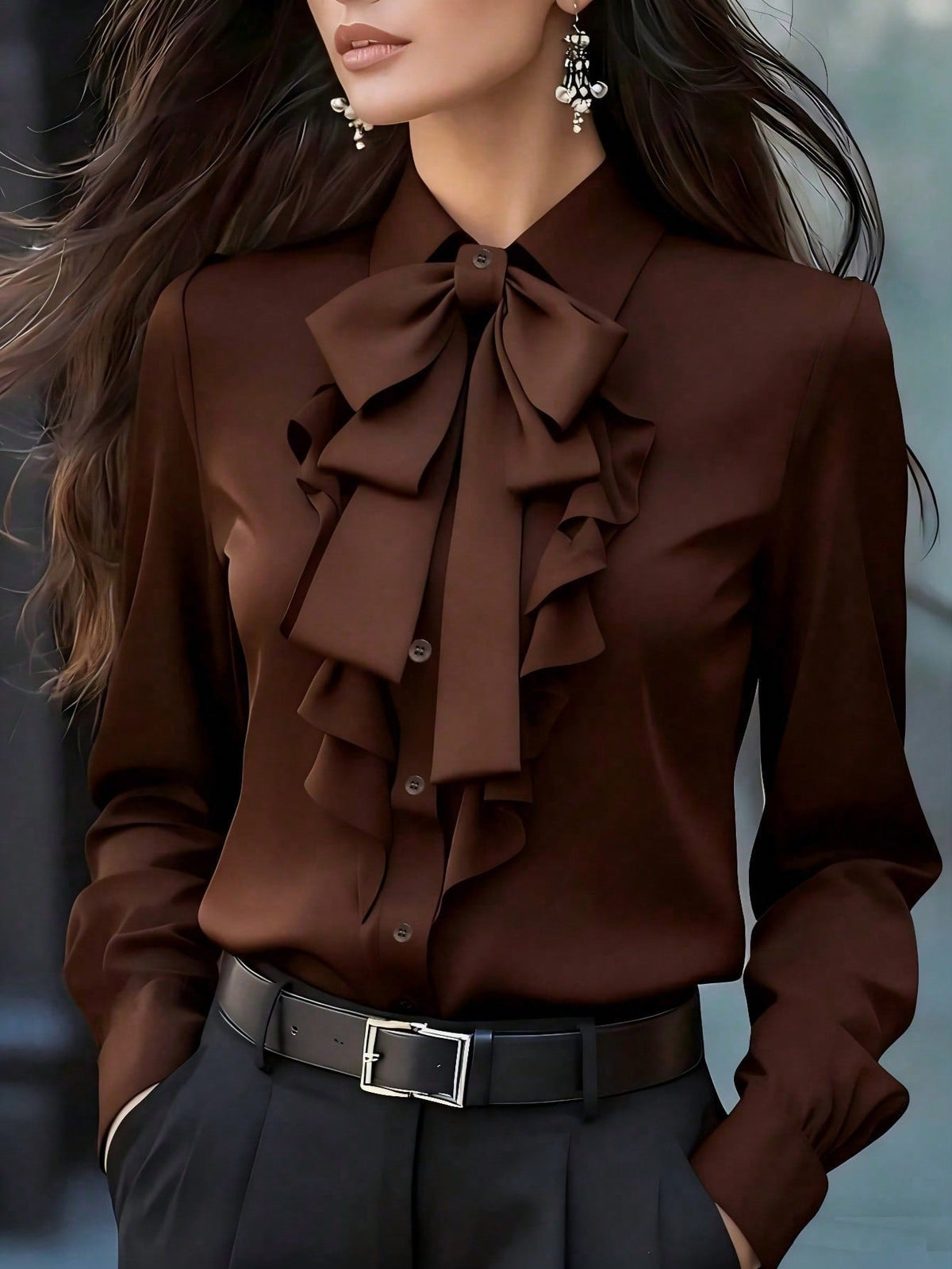 Women's Ruffle-Front Blouse with Bow Collar